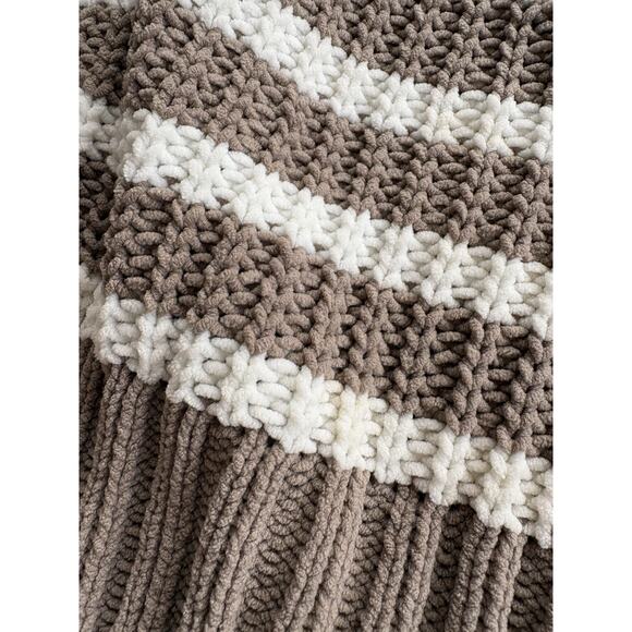 Dip Womens Sweater Crewneck Tan White Stripe Pullover Fuzzy Chennille Chunky XL - Picture 4 of 5